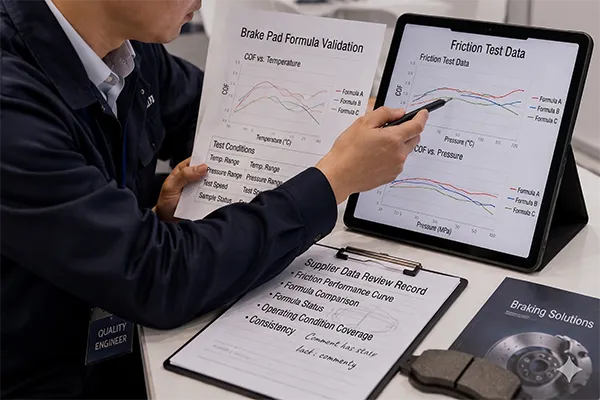 Ingeniero de control de calidad revisando datos de pruebas de fricción para la validación de formulaciones de pastillas de freno